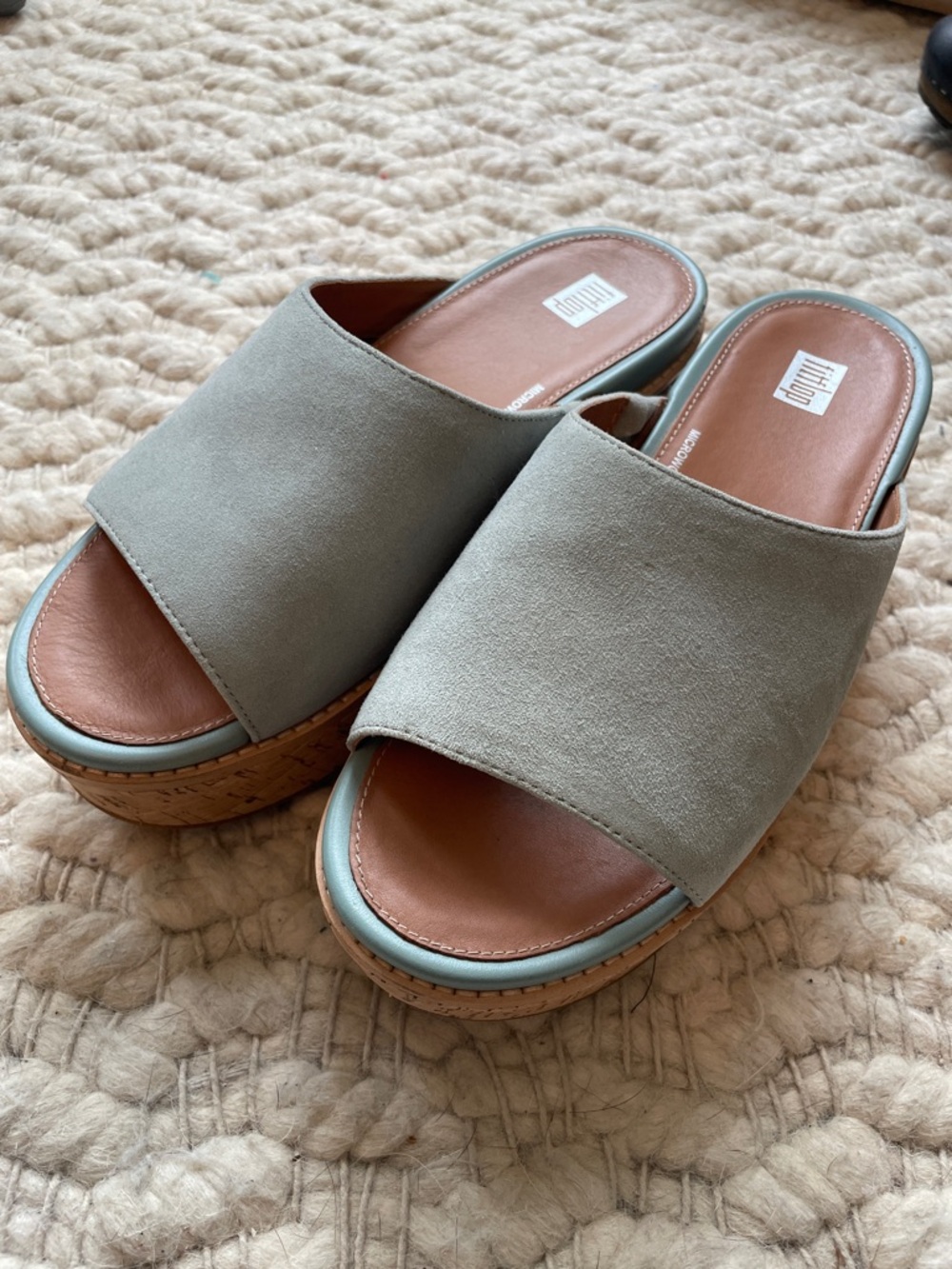 Fitflop Light Blue Suede Cork Platform Slide Mules